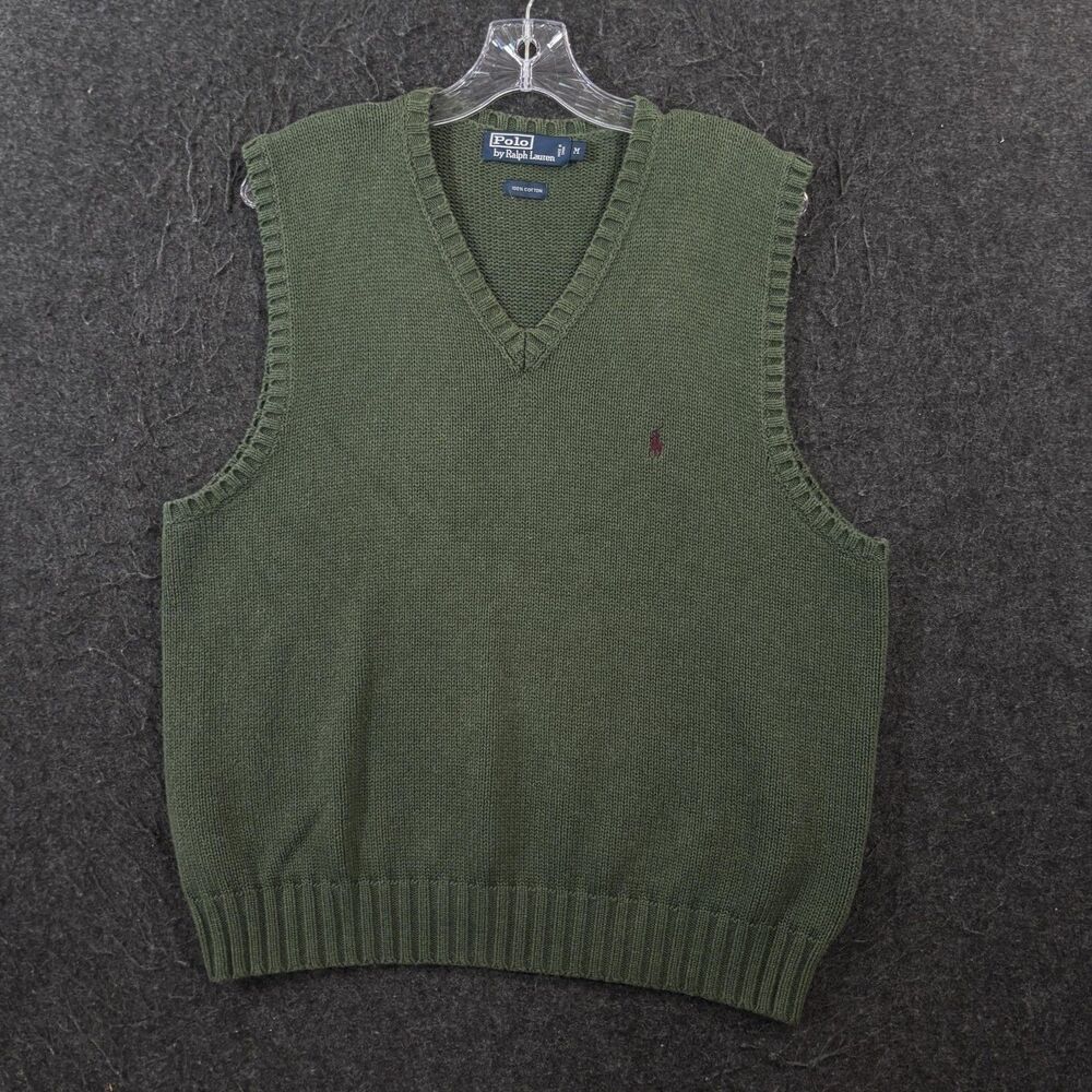 Polo Ralph Lauren Sweater Vest Men's Medium Green Cotton V Neck Knit Preppy